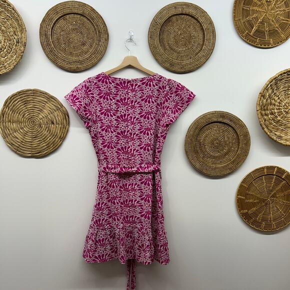 LOFT Pink White Short Mini Dress 12 Belted Removable Belt Embroidered V-Neck - Picture 3 of 7